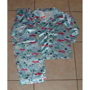 NEW NWT Boys Sz 6-7 Car Print Blue Silky 2 Pc Pajamas Lounge Set FUYIMEI